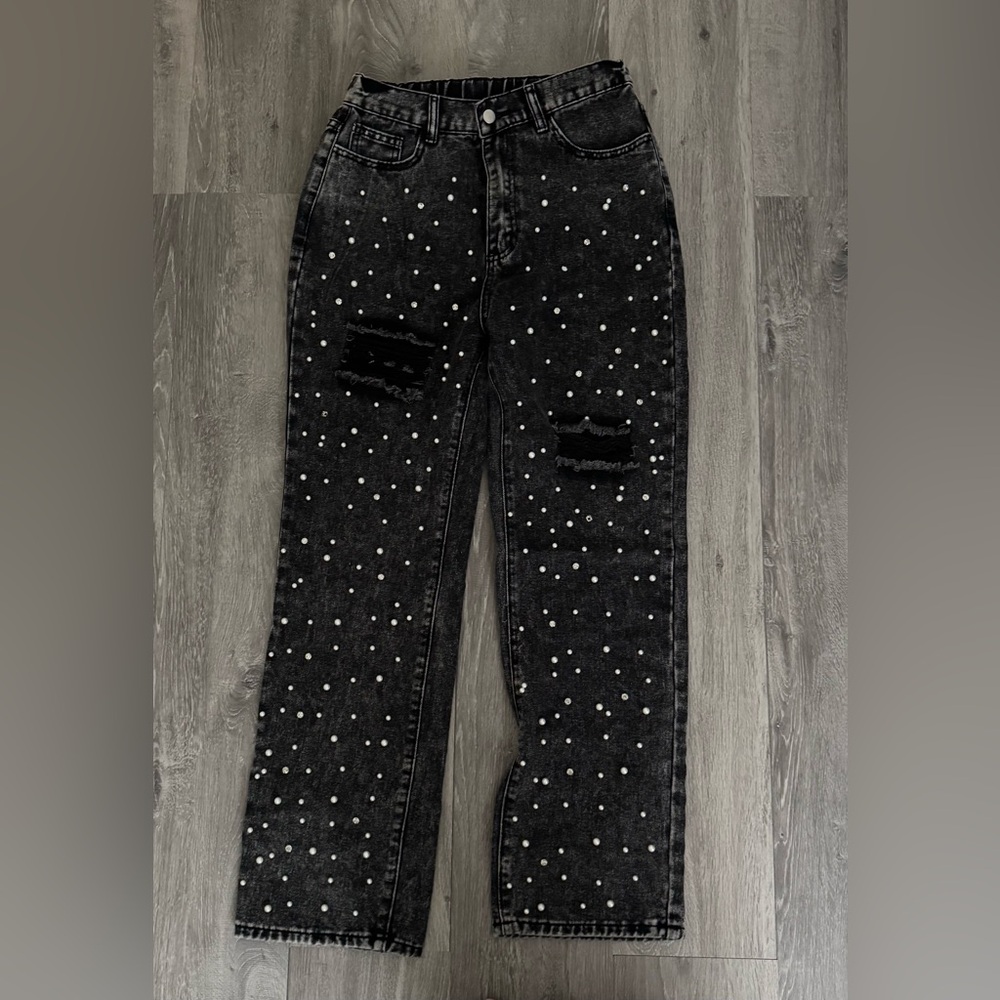 Distressed, Pearl and CZ Accent, Black Jeans